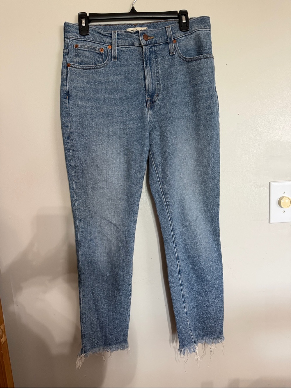 Madewell Light Blue Cropped Straight Jeans with Frayed Hem